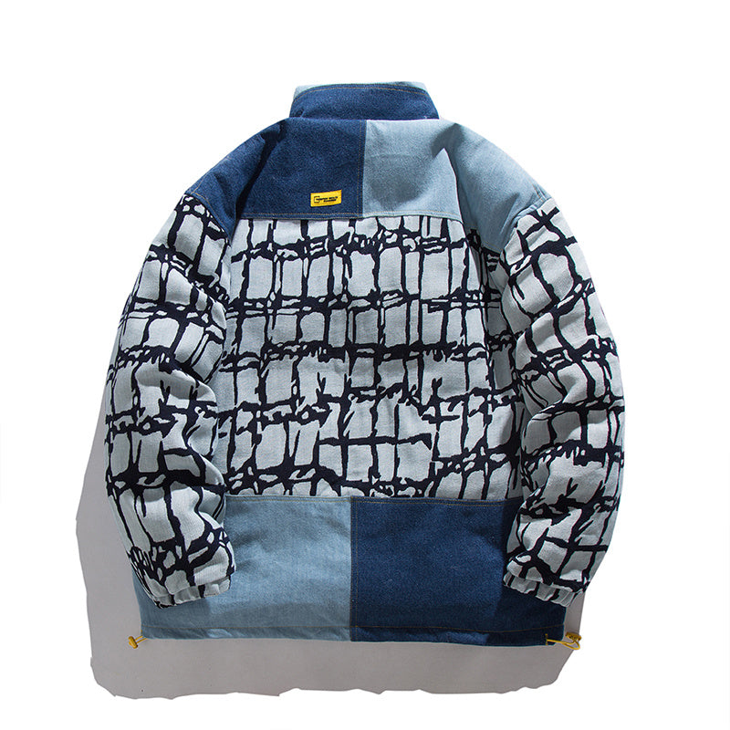 Vintage Patchwork Stand Collar Denim Coat