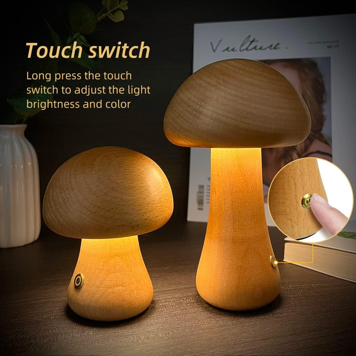 CozyGlow Wooden Mushroom Lamp