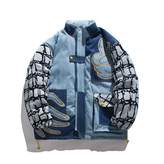 Vintage Patchwork Stand Collar Denim Coat