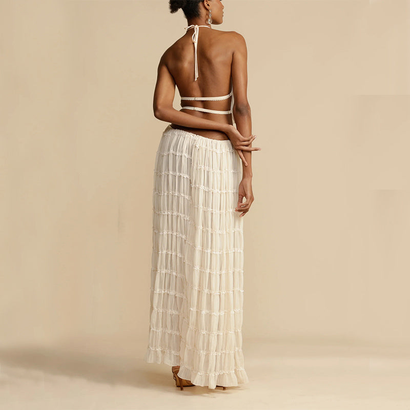 Golden Hour Goddess – Sleeveless Halter Top & Pleated Skirt Ensemble