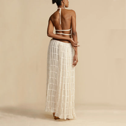 Golden Hour Goddess – Sleeveless Halter Top & Pleated Skirt Ensemble