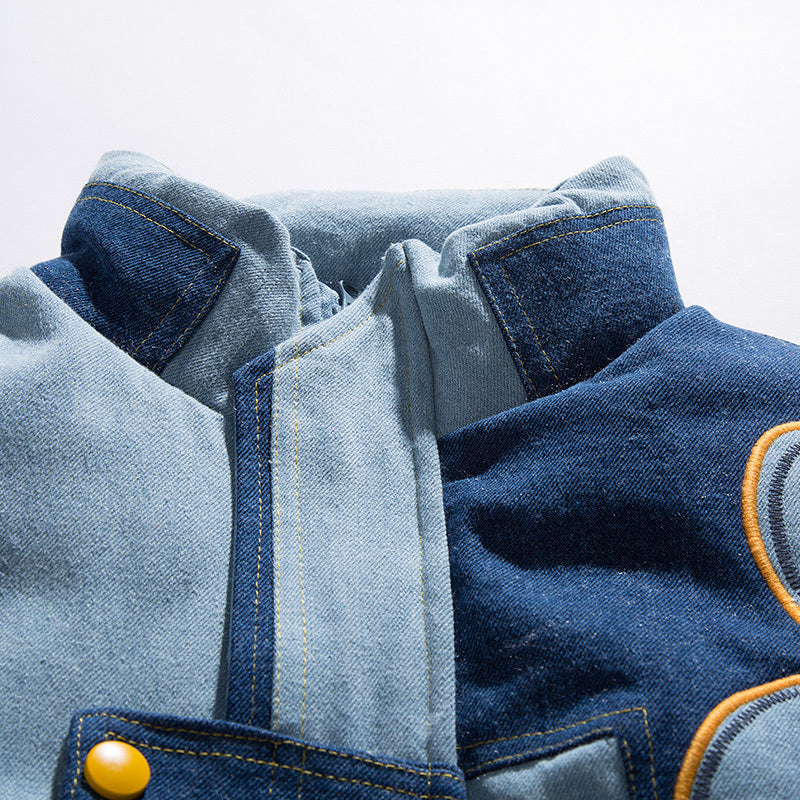 Vintage Patchwork Stand Collar Denim Coat