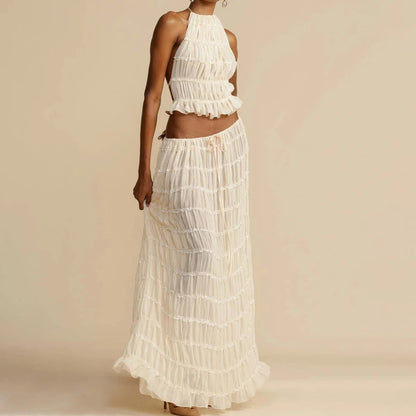 Golden Hour Goddess – Sleeveless Halter Top & Pleated Skirt Ensemble